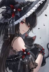 Rule 34 | 1girl, abstract background, animal, bare shoulders, black cat, black gloves, black hair, cat, choker, from side, gloves, hat, highres, holding, holding animal, holding cat, lace, lace gloves, long hair, looking at viewer, original, plus1024, red eyes, smile, solo, witch hat