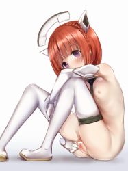 Rule 34 | 1girl, aikawa aika, alice gear aegis, bad id, bad pixiv id, bar censor, boots, braid, breasts, censored, elbow gloves, from side, gloves, head tilt, highres, looking at viewer, nanashi (31647763), nipples, nude, orange hair, purple eyes, pussy, sitting, small breasts, solo, spread pussy, thigh boots, thighhighs, white footwear, white gloves