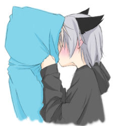Rule 34 | 2girls, animal ears, blonde hair, blush, cat ears, couple, covered face, eila ilmatar juutilainen, from side, gaki, hood, hoodie, kiss, multiple girls, sanya v. litvyak, short hair, silver hair, simple background, strike witches, white background, world witches series, yuri