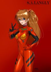 Rule 34 | 1girl, blue eyes, blush, bodysuit, breasts, c-da, character name, covered erect nipples, dated, hair between eyes, hand on own hip, highres, interface headset, long hair, medium breasts, neon genesis evangelion, open mouth, orange hair, plugsuit, red background, red bodysuit, signature, simple background, solo, souryuu asuka langley, w