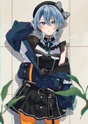 Rule 34 | 1girl, absurdres, aqua hair, beret, black choker, black dress, black hat, blue eyes, blue hair, blue jacket, blush, bow, bow earrings, choker, collared dress, colored inner hair, dress, earrings, garter straps, gim (gim-gim-3919), green ribbon, hair between eyes, hat, highres, hololive, hoshimachi suisei, hoshimachi suisei (streetwear), jacket, jewelry, lace, lace choker, lace sleeves, long sleeves, looking at viewer, multicolored hair, neck ribbon, o-ring, o-ring thigh strap, official alternate costume, orange pantyhose, pantyhose, ribbon, short dress, short hair, single garter strap, solo, star (symbol), star in eye, symbol in eye, thigh strap, two-sided fabric, two-sided jacket, virtual youtuber