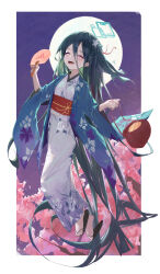 Rule 34 | 1girl, absurdly long hair, absurdres, aris (blue archive), black hair, blue archive, blue halo, blush, closed eyes, furisode, halo, hand fan, highres, holding, holding fan, hwan (verypoor), japanese clothes, kimono, long hair, long sleeves, obi, open mouth, paper fan, sash, smile, solo, uchiwa, very long hair, white kimono, wide sleeves, yukata