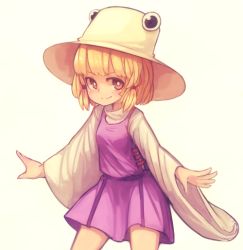Rule 34 | &gt;:), 1girl, bad id, bad pixiv id, blonde hair, blush, brown eyes, female focus, hat, ketopon, moriya suwako, outstretched arms, simple background, skirt, smile, solo, touhou, v-shaped eyebrows, white background
