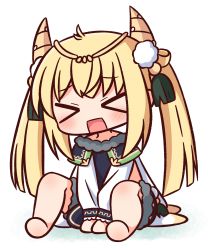 Rule 34 | &gt; &lt;, 1girl, barefoot, between legs, blonde hair, blush, character request, chibi, closed eyes, facing viewer, full body, fur trim, hana kazari, hand between legs, highres, horns, knees up, long hair, merc storia, open mouth, shirt, sitting, solo, twintails, v-shaped eyebrows, very long hair, white background, white shirt