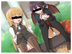 Rule 34 | 2girls, :d, anne (shingeki no bahamut), bar censor, black legwear, black vest, blonde hair, blue jacket, blue ribbon, blue skirt, blurry, blush, boots, brown footwear, brown wings, censored, center frills, collared shirt, commentary request, cross-laced footwear, depth of field, dragon girl, dragon horns, dragon tail, dress shirt, dutch angle, frills, granblue fantasy, grea (shingeki no bahamut), green eyes, high-waist skirt, horns, identity censor, jacket, jewelry, lace-up boots, loafers, long hair, long sleeves, momio, multiple girls, neck ring, open mouth, panties, pink panties, pleated skirt, pointy ears, purple hair, red skirt, ribbon, round teeth, shadowverse, shingeki no bahamut, shirt, shoes, sitting, skirt, smile, tail, teeth, thighhighs, underwear, upper teeth only, very long hair, vest, white panties, white shirt, wings