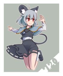 Rule 34 | 1girl, animal ear fluff, animal ears, black footwear, blue capelet, blush, border, breasts, capelet, closed mouth, commentary request, crystal, dated, full body, green background, grey hair, grey skirt, grey vest, hair between eyes, highres, jewelry, jumping, layered clothes, long sleeves, looking to the side, mouse ears, mouse girl, mouse tail, nazrin, pendant, red eyes, shirt, shoes, short hair, skirt, skirt set, small breasts, smile, socks, solo, tail, touhou, vest, white border, white shirt, white socks, yan pai