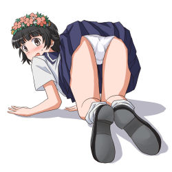 Rule 34 | 1girl, all fours, ass, black footwear, blouse, blue sailor collar, blue skirt, blush, brown eyes, brown hair, commentary request, commission, crotch seam, from behind, head wreath, lielos, looking at viewer, looking back, medium skirt, open mouth, panties, partial commentary, pixiv commission, pleated skirt, sailor collar, school uniform, serafuku, shadow, shirt, shoes, short hair, short sleeves, simple background, skirt, smile, socks, solo, sweatdrop, toaru majutsu no index, uiharu kazari, underwear, white background, white panties, white shirt, white socks
