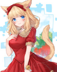 Rule 34 | 1girl, animal ears, blonde hair, blue eyes, bow, cat ears, cat tail, commission, dress, facial mark, final fantasy, final fantasy xiv, hair bow, hand on own chest, highres, jewelry, kgr, long hair, miqo&#039;te, necklace, original, puffy short sleeves, puffy sleeves, red bow, red dress, short sleeves, skeb commission, smile, solo, tail, whisker markings
