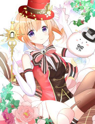 Rule 34 | 1girl, blush, bow, brown thighhighs, elbow gloves, flower, garter straps, gloves, gochuumon wa usagi desu ka?, hair ornament, hands up, hat, hat ornament, highres, holding, holding key, hoto cocoa, key, looking at viewer, orange hair, pink bow, purple eyes, red thighhighs, ryoutan, short hair, sitting, sleeveless, smile, solo, thighhighs, tippy (gochiusa), top hat, white background, white gloves
