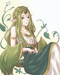Rule 34 | 1girl, bare shoulders, breasts, dragon girl, dragon horns, fire emblem, fire emblem echoes: shadows of valentia, green eyes, green hair, highres, horns, large breasts, long hair, looking at viewer, mila (fire emblem), nail polish, nintendo, pointy ears, solo, tea6043