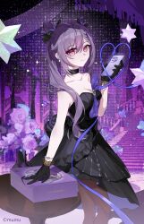 Rule 34 | 1girl, absurdres, bare arms, bare shoulders, black dress, black gloves, breasts, cellphone, cleavage, collarbone, commentary request, cone hair bun, dress, feet out of frame, flower, genshin impact, gloves, hair bun, highres, holding, holding phone, keqing (genshin impact), keqing (oneplus) (genshin impact), long hair, looking at viewer, medium breasts, mumu123, pantyhose, phone, purple eyes, purple flower, purple hair, purple rose, rose, sidelocks, smartphone, smile, solo, standing, strapless, strapless dress, twintails, very long hair