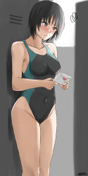 Rule 34 | 1girl, amagami, artist name, bare shoulders, black hair, black one-piece swimsuit, blue one-piece swimsuit, blush, breasts, brown eyes, commentary, competition swimsuit, embarrassed, envelope, feet out of frame, furrowed brow, groin, heart, highleg, highleg swimsuit, highres, letter, locker, locker room, looking at object, looking down, love letter, medium breasts, mori heichi, nanasaki ai, nose blush, one-piece swimsuit, scribble, short hair, signature, solo, standing, sweatdrop, swimsuit, two-tone swimsuit, worried
