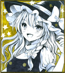 Rule 34 | 1girl, black vest, bow, braid, breasts, buttons, commentary request, hajike akira, hat, hat bow, highres, kirisame marisa, limited palette, long hair, marisa day, puffy sleeves, side braid, single braid, small breasts, solo, star (symbol), touhou, traditional media, turtleneck, undershirt, upper body, vest, witch, witch hat, yellow background