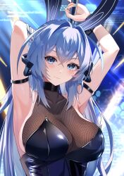 Rule 34 | 1girl, absurdres, animal ears, arm strap, armpits, arms up, azur lane, bare shoulders, black leotard, blue eyes, blue hair, blue nails, blush, bodystocking, breasts, cleavage, commentary request, covered collarbone, fake animal ears, hair between eyes, hair intakes, highres, large breasts, leotard, long hair, looking at viewer, new jersey (azur lane), new jersey (exhilarating steps!) (azur lane), official alternate costume, oversized breast cup, parted lips, playboy bunny, pole, puripuri, rabbit ears, see-through, see-through cleavage, sidelocks, smile, solo, standing, strapless, strapless leotard, stripper pole, upper body, very long hair