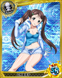 Rule 34 | 1girl, aqua eyes, blush, breasts, brown hair, card (medium), character name, chess piece, cleavage, hair ornament, hairclip, high school dxd, hood, jacket, long hair, looking at viewer, medium breasts, navel, nimura ruruko, official art, open clothes, pajamas, parted lips, pawn (chess), sleepwear, smile, solo, trading card, twintails