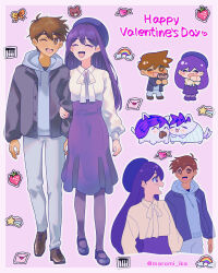 Rule 34 | 1boy, 1girl, alternate costume, animalization, black footwear, black jacket, black pantyhose, blush, bright pupils, brown eyes, brown footwear, brown hair, candy, cat, chocolate, chocolate heart, closed eyes, closed mouth, dark-skinned male, dark skin, dog, food, grey hoodie, grey pants, happy valentine, heart, heart-shaped food, hero (faraway) (omori), hero (headspace) (omori), hero (omori), highres, holding, holding chocolate, holding food, hood, hoodie, jacket, locked arms, long hair, long sleeves, looking at another, looking at viewer, mari (faraway) (omori), mari (headspace) (omori), mari (omori), maromichan, omori, one eye closed, open mouth, pants, pantyhose, purple hair, purple nails, purple skirt, short hair, skirt, smile, sticker, twitter username, white pupils