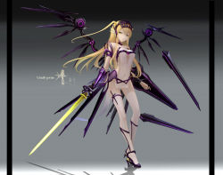 Rule 34 | 1girl, arm guards, bare shoulders, blonde hair, breasts, cleavage, collar, dress, gradient background, grey background, halterneck, long hair, looking at viewer, medium breasts, no panties, one side up, original, see-through, shield, solo, standing, sword, thighhighs, wangchuan de quanyan, weapon, white dress, white thighhighs, wings, yellow eyes