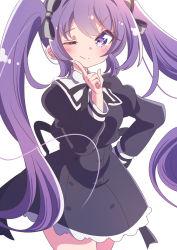 Rule 34 | 1girl, ;), assault lily, black bow, black ribbon, black skirt, blush, bow, breasts, buttons, closed mouth, commentary, cowboy shot, cropped jacket, finger to own chin, grey bow, hair between eyes, hair bow, hand on own hip, hand up, high-waist skirt, honkawa works, index finger raised, juliet sleeves, long hair, long sleeves, looking at viewer, medium breasts, miniskirt, neck ribbon, one eye closed, puffy sleeves, purple eyes, purple hair, ribbon, school uniform, sejima hiromu, simple background, skirt, smile, solo, standing, twintails, two-tone bow, very long hair, white background, yurigaoka girls academy school uniform