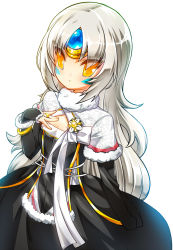 Rule 34 | 1girl, bad id, bad pixiv id, black dress, dress, elsword, eve (elsword), expressionless, forehead jewel, jewelry, long hair, poseich, ring, solo, white background, white hair, yellow eyes