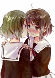 Rule 34 | 2girls, bad id, bad pixiv id, blush, brown eyes, brown hair, expressionless, eye contact, face-to-face, female focus, green eyes, green hair, hand on another&#039;s shoulder, hands on another&#039;s shoulders, hands on shoulders, hanekoto, imminent kiss, looking at another, multiple girls, open mouth, original, school uniform, serafuku, serious, shy, simple background, skirt, sweat, white background, yuri