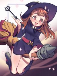 Rule 34 | 1girl, black dress, blush, breasts, broom, broom riding, brown hair, dress, hat, highres, holding, holding wand, kagari atsuko, little witch academia, long hair, looking at viewer, medium breasts, solo, stephringo, teeth, upper teeth only, wand, wide sleeves, witch hat