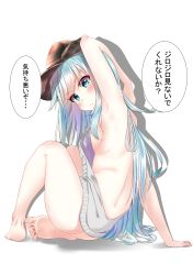 Rule 34 | 1girl, absurdres, arm at side, arm behind head, arm support, arm up, armpits, ass, back, backless dress, backless outfit, bad id, bad pixiv id, bare back, bare legs, bare shoulders, barefoot, blue eyes, blush, breasts, closed mouth, drawstring, dress, feet, flat cap, from behind, full body, grey dress, grey sweater, halterneck, hat, hibiki (kancolle), highres, kantai collection, knees up, long hair, looking at viewer, looking back, meme attire, naked sweater, no bra, no panties, oyumaru0, ribbed sweater, shiny skin, sideboob, silver hair, simple background, sitting, sleeveless, sleeveless turtleneck, small breasts, soles, solo, sweater, sweater dress, thighs, toes, translated, turtleneck, turtleneck sweater, very long hair, virgin killer sweater, white background