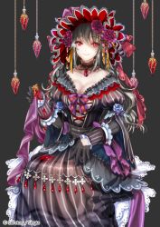 Rule 34 | 1girl, black dress, black gloves, breasts, copyright name, dress, flower, gloves, grey hair, hat, jewelry, looking at viewer, medium breasts, necklace, official art, red eyes, sid story, sila (carpen), sitting, solo, striped clothes, striped dress