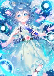Rule 34 | 1girl, aqua dress, aqua eyes, blue dress, blue eyes, blue hair, blue theme, blurry, blurry background, chisel, dress, flower, frilled dress, frills, hair ornament, hair rings, hair stick, highres, holding, holding sword, holding weapon, it po (sss cmy), kaku seiga, looking at viewer, ofuda, open clothes, open mouth, open vest, puffy short sleeves, puffy sleeves, shawl, short sleeves, smile, solo, sword, touhou, vest, weapon, white vest