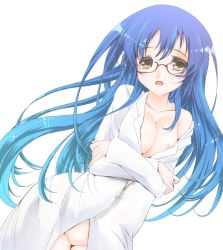 Rule 34 | 10s, 1girl, areola slip, bespectacled, blue hair, blush, bottomless, breasts, cleavage, crossed arms, frapowa, glasses, gradient hair, lab coat, long hair, looking at viewer, love live!, love live! school idol project, medium breasts, multicolored hair, naked labcoat, naked shirt, shirt, simple background, solo, sonoda umi, very long hair, white background, yellow eyes