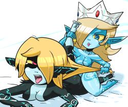 Rule 34 | 2girls, ahegao, blue eyes, breasts, colored sclera, crossover, female focus, grabbing another&#039;s hair, lips, mario (series), midna, monster girl, multiple girls, nintendo, no headwear, open mouth, pointy ears, red eyes, rosalina, simple background, super mario bros. 1, super mario galaxy, the boogie, the legend of zelda, the legend of zelda: twilight princess, thick thighs, thighs, tribadism, yellow sclera, yuri