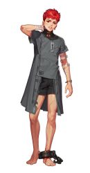 Rule 34 | 1boy, absurdres, arm at side, artist request, bad source, black shorts, black survival, blood, brown eyes, clenched teeth, cuffs, earrings, full body, hand up, highres, hyunwoo (black survival), jewelry, looking at viewer, male focus, no shoes, official alternate costume, official art, red hair, scar, shackles, short hair, short sleeves, shorts, simple background, solo, standing, teeth, transparent background