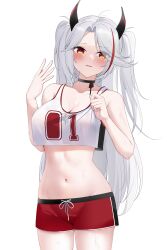 Rule 34 | 1girl, absurdres, azur lane, bare shoulders, black choker, blush, breasts, choker, cleavage, clenched hand, cowboy shot, crop top, groin, hair over one eye, hands up, headgear, highres, hip focus, hot, large breasts, long hair, looking at viewer, midriff, multicolored hair, navel, orange eyes, parted lips, prinz eugen (azur lane), prinz eugen (brilliant touchdown) (azur lane), red hair, red shorts, short shorts, shorts, solo, streaked hair, tank top, thighs, two-tone hair, two side up, very long hair, white hair, white tank top, zerotwenty (020)