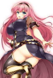 Rule 34 | 1girl, ass, black thighhighs, blue eyes, boots, breasts, cross-laced footwear, hairband, huge breasts, impossible clothes, impossible shirt, lace-up boots, long hair, looking at viewer, looking back, megurine luka, open mouth, pink hair, plump, shirt, simple background, solo, thick thighs, thighhighs, thighs, vocaloid, watanuki kaname
