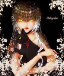 Rule 34 | 1girl, animal, black background, black cat, cat, holding, holding animal, holding cat, kusunoki shii, lace, long hair, looking at viewer, original, red lips, serious, solo, veil, white hair, yellow eyes