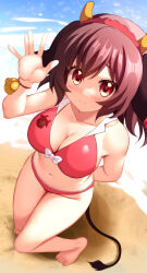 Rule 34 | 1girl, arm behind back, beach, bell, bikini, blush, bow, bow bikini, breasts, chisato (missing park), cleavage, closed mouth, collarbone, cow girl, cow horns, cow tail, dot nose, embarrassed, eyebrows, eyelashes, female focus, from above, full body, hairband, hand up, holmy (show by rock!!), horns, knees together feet apart, large breasts, looking at viewer, looking up, medium hair, navel, outdoors, outstretched hand, red bikini, red eyes, red hair, red hairband, show by rock!!, smile, solo, standing, swimsuit, tail, thighs, toes, two-tone bikini, water, white bikini, white bow