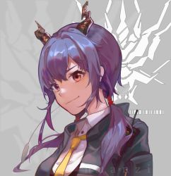 Rule 34 | 1girl, arknights, bad id, bad pixiv id, black jacket, blue hair, ch&#039;en (arknights), chinese commentary, commentary request, dragon horns, horns, huan zi bu cheng, jacket, long hair, looking at viewer, mouth hold, necktie, radio, red eyes, shirt, sidelocks, solo, stalk in mouth, twintails, wheat, white shirt, yellow necktie