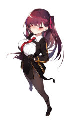 Rule 34 | 1girl, absurdres, blush, closed mouth, collared shirt, commentary, framed breasts, girls&#039; frontline, gloves, hair ribbon, high-waist skirt, highres, long hair, long sleeves, looking at viewer, necktie, one side up, pantyhose, purple hair, red eyes, red necktie, red ribbon, ribbon, shirt, simple background, skirt, solo, standing, tsurime, wa2000 (girls&#039; frontline), white background, xxi