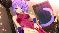 Rule 34 | 1girl, animal ears, bow, bow panties, breasts, china dress, chinese clothes, closed mouth, cowboy shot, dress, dutch angle, floral print, game cg, halterneck, head tilt, highres, indoors, inma, medium breasts, non-web source, panties, pelvic curtain, purple eyes, purple hair, red dress, sakura knight, shiny skin, side ponytail, sidelocks, skindentation, smile, solo, string panties, swept bangs, tail, tail ornament, underwear, white panties