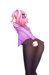 Rule 34 | 1boy, :o, ass, astolfo (fate), blush, bow, casual, covering privates, covering ass, fate/apocrypha, fate/grand order, fate (series), from behind, hair bow, highres, looking back, male focus, multicolored hair, open mouth, panties, panties under pantyhose, pantyhose, pink eyes, pink hair, short hair, simple background, skirt, skirt tug, solo, trap, two-tone hair, underwear, white background, xue fengzi