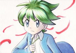 Rule 34 | 1boy, blue jacket, closed mouth, collared shirt, commentary request, creatures (company), frown, game freak, green hair, grey eyes, highres, holding, jacket, long sleeves, looking at viewer, male focus, nintendo, oka mochi, pale skin, pokemon, pokemon oras, shirt, short hair, sleeves past wrists, solo, traditional media, wally (pokemon), white background, white shirt