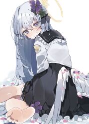 Rule 34 | 1girl, absurdres, angel wings, azusa (blue archive), barefoot, black dress, blue archive, closed mouth, commission, crescent halo, dress, feathered wings, flower, grey hair, hair between eyes, hair flower, hair ornament, halo, higa (gominami), highres, jacket, long hair, long sleeves, looking at viewer, pink eyes, pixiv commission, purple flower, simple background, soles, solo, toes, white background, white jacket, white wings, wings, yellow halo