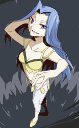 Rule 34 | 1girl, armpits, ars, belly, black background, blouse, blue eyes, blue hair, breasts, cleavage, collarbone, commentary request, creatures (company), eyes visible through hair, game freak, grin, highres, karen (pokemon), long hair, looking at viewer, midriff, navel, nintendo, pants, pokemon, pokemon hgss, shirt, shoes, simple background, smile, solo, strap