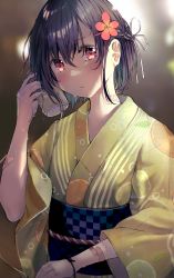 Rule 34 | 1girl, absurdres, bandaid, bandaid on arm, black hair, blurry, blurry background, blush, can, checkered sash, closed mouth, commentary request, depth of field, flower, hair between eyes, hair flower, hair ornament, hairclip, hand up, highres, holding, holding can, japanese clothes, kimono, lemon print, long sleeves, looking at viewer, obi, original, print kimono, red eyes, red flower, resolution mismatch, sash, solo, soranagi yuki, source larger, wide sleeves, yellow kimono, yukata