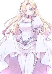 Rule 34 | 1girl, blonde hair, blue eyes, blush, breasts, celes chere, cleavage, clothes lift, collarbone, dress, earrings, final fantasy, final fantasy vi, highres, jewelry, lace, lace-trimmed legwear, lace trim, large breasts, long hair, official alternate costume, pan ff6, pants, parted bangs, parted lips, puffy sleeves, skirt, skirt lift, solo, upper body, white background, white dress, white pants