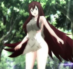 Rule 34 | 1girl, breasts, brown eyes, fairy tail, forest, hair between eyes, hair over breasts, hair over shoulder, irene belserion, large breasts, long hair, mature female, nature, no bra, no panties, open mouth, red hair, screencap, sideboob, stomach, strap, thighs, torn clothes, tree