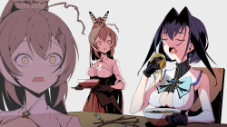 Rule 34 | ahoge, blue eyes, blue hair, bow, bow earrings, bowl, brown hair, earrings, eating, feather hair ornament, feathers, food, fork, gloves, hair intakes, hair ornament, hololive, hololive english, jewelry, long hair, multicolored hair, multiple girls, nanashi mumei, noodles, ouro kronii, ponytail, ramen, shirt, short hair, streaked hair, taka t, very long hair, virtual youtuber