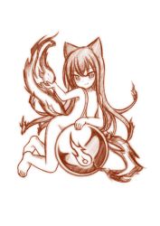 Rule 34 | 1girl, animal ears, cat ears, fire, flat chest, highres, long hair, minaha (playjoe2005), monochrome, nude, original, simple background, smile, solo, white background