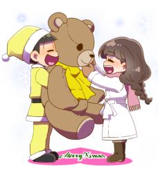Rule 34 | 10s, 1boy, 1girl, :d, ^ ^, belt, black hair, blush, boots, braid, brown hair, christmas, closed eyes, coat, couple, eyebrows, freckles, gift, happy, hat, heart, heart in mouth, hetero, jyushimatsu&#039;s girlfriend, kozakura (i s 15), long hair, matsuno jyushimatsu, merry christmas, mittens, open mouth, osomatsu-kun, osomatsu-san, osomatsu (series), outstretched arms, pink scarf, santa costume, santa hat, scarf, smile, snowflakes, snowing, standing, yellow hat