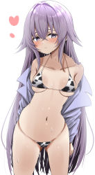 Rule 34 | 1girl, absurdres, animal print, bikini, blush, breasts, collarbone, cow print, cowboy shot, grimms notes, heart, highres, long hair, magic mirror (grimms notes), nanahosi45, navel, open clothes, open shirt, purple hair, shirt, simple background, solo, sweat, swimsuit, white background