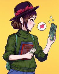 Rule 34 | 1girl, backpack, bag, black hat, blue pants, book, brown hair, denim, from side, green sweater, hat, heart, holding, holding book, jeans, lips, looking ahead, magion02, money, ms.assistant, original, pants, parted lips, profile, purple eyes, ribbed sweater, short hair, simple background, sleeves pushed up, solo, sparkle, speech bubble, spoken heart, sweater, turtleneck, turtleneck sweater, yellow background